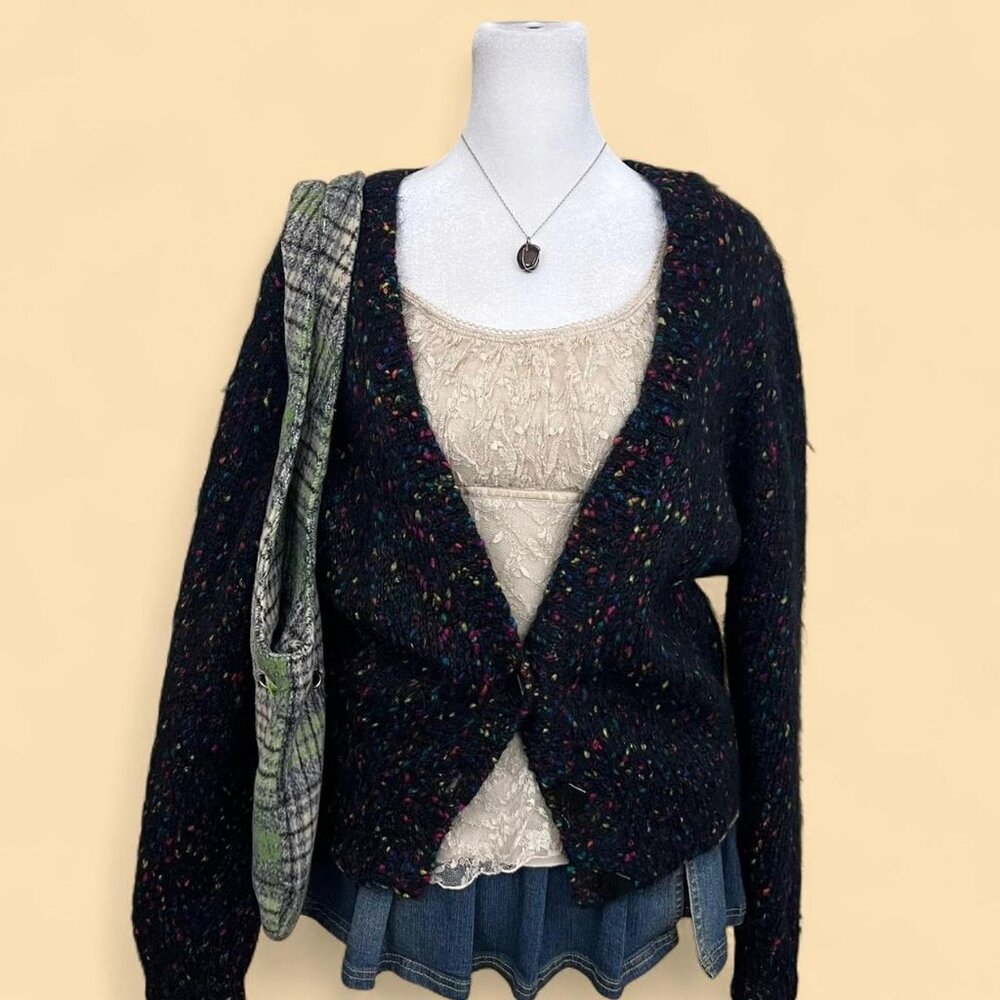 vintage 80s black rainbow speckled quirky retro boho artsy mohair blend cardigan